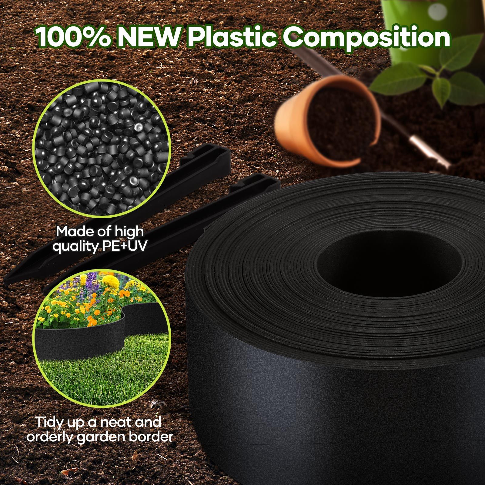 30mx15cm Garden Edging Lawn Border Landscape Edge Flexible DIY Fence Barrier Path Driveway Plant Grass Flower Bed Support Plastic Roll Kit