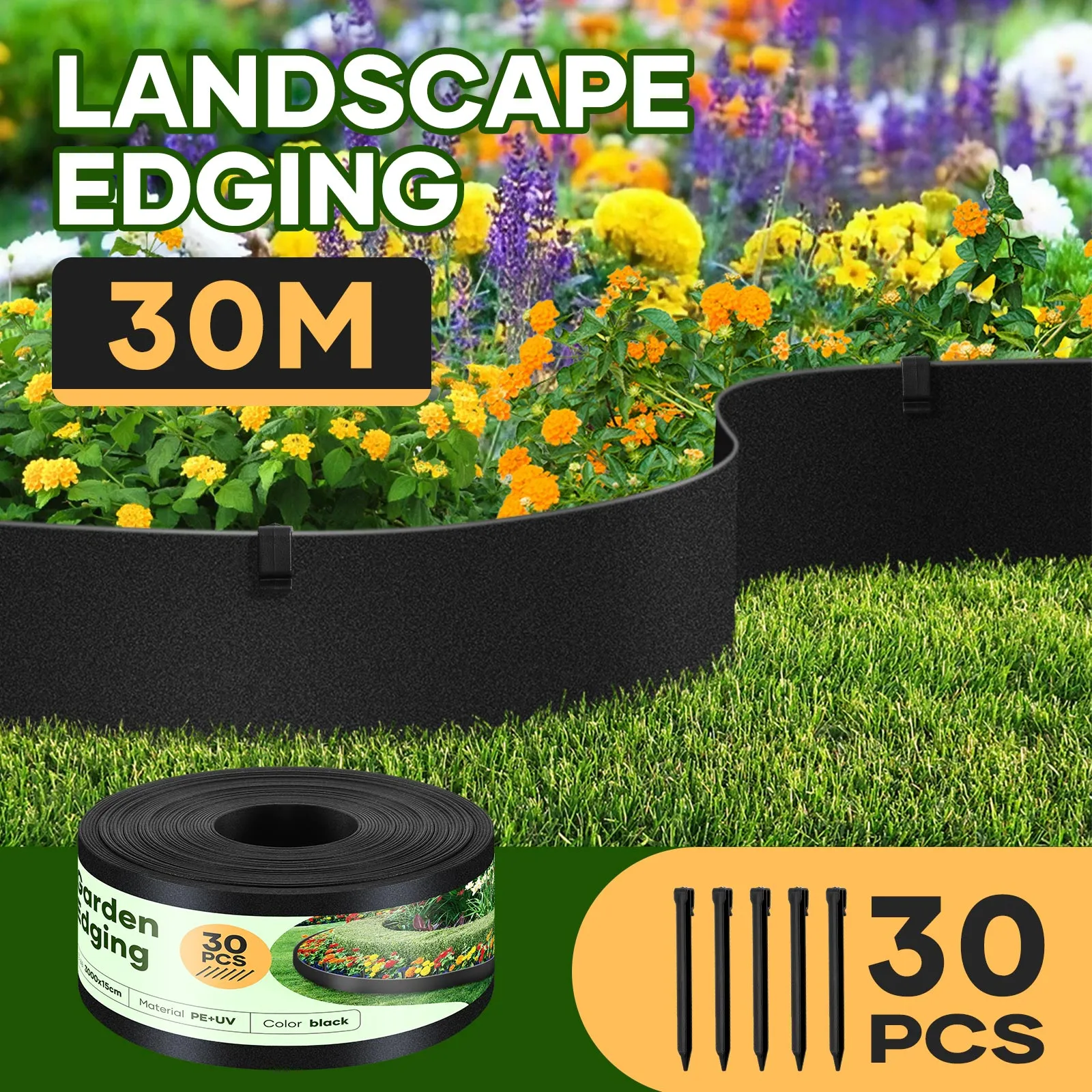 Garden Edging 30mx15cm Garden Edging – Flexible Lawn Border, DIY Fence Barrier, Plastic Roll Kit
