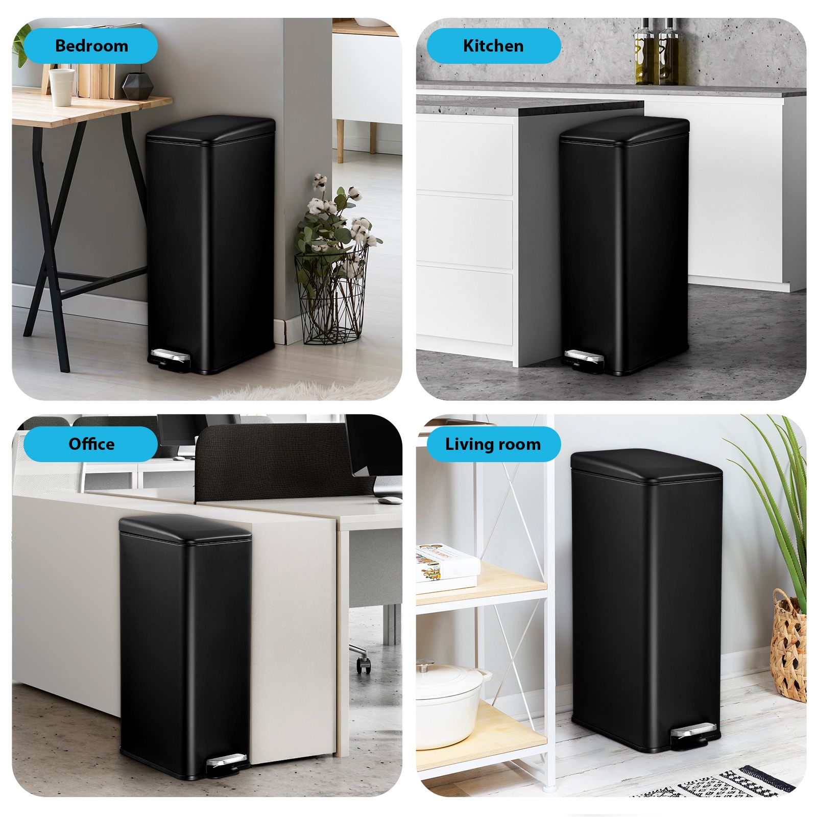 20L Pedal Rubbish Bin Trash Can Recycling Garbage Dustbin Kitchen Bathroom Under Sink Office Slim Rectangular Waste Container Black