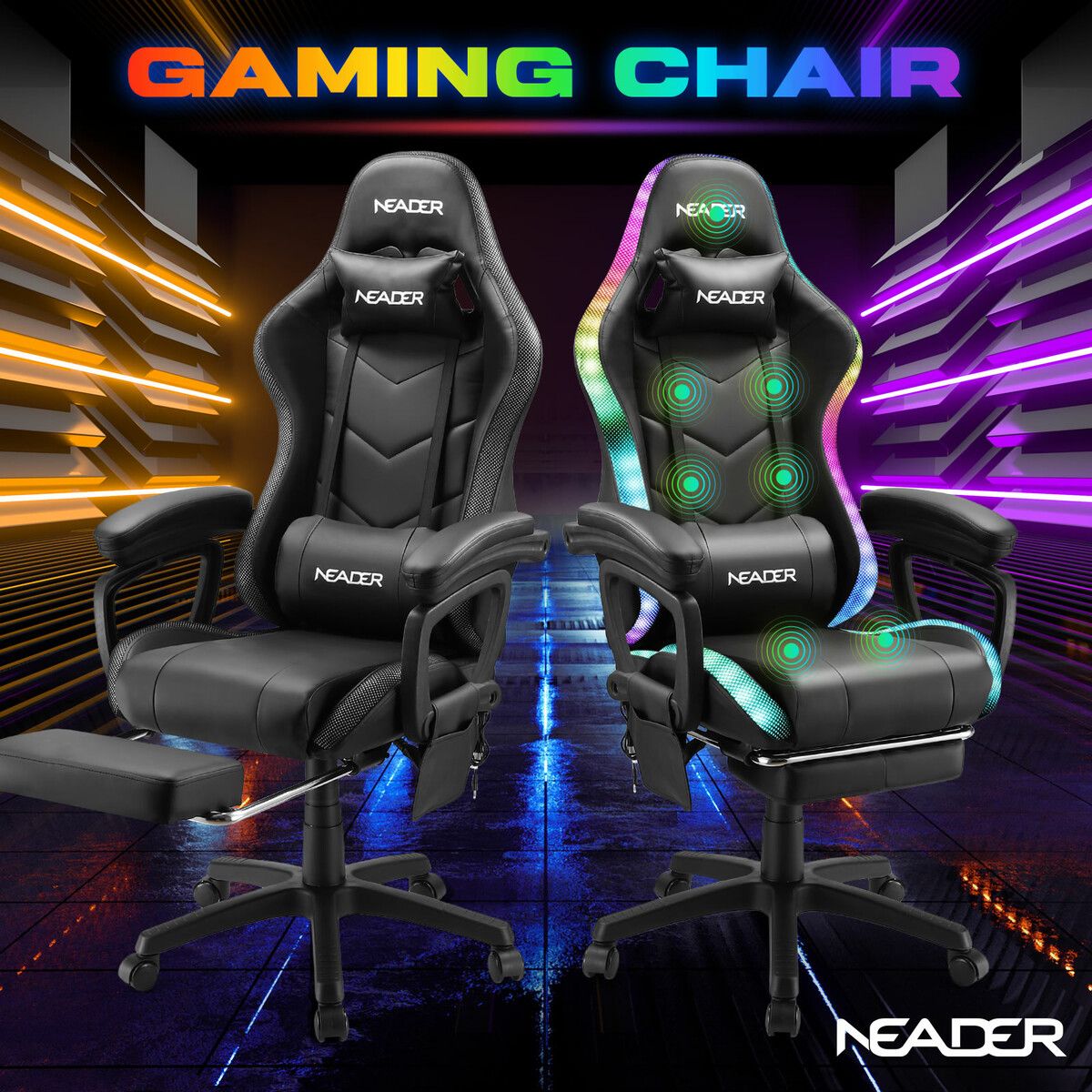 Gaming Office Chair Massage High Back RGB LED Armchair Executive Computer Racing Desk PU Leather Footrest Headrest Recliner Work Study Black