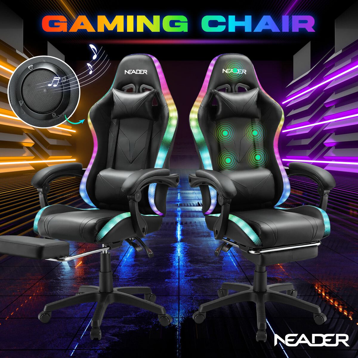 Gaming Office Chair RGB LED Racing Massage PU Computer Seat Bluetooth Speaker Headrest Retractable Footrest Comfortable Armchair Recliner Black