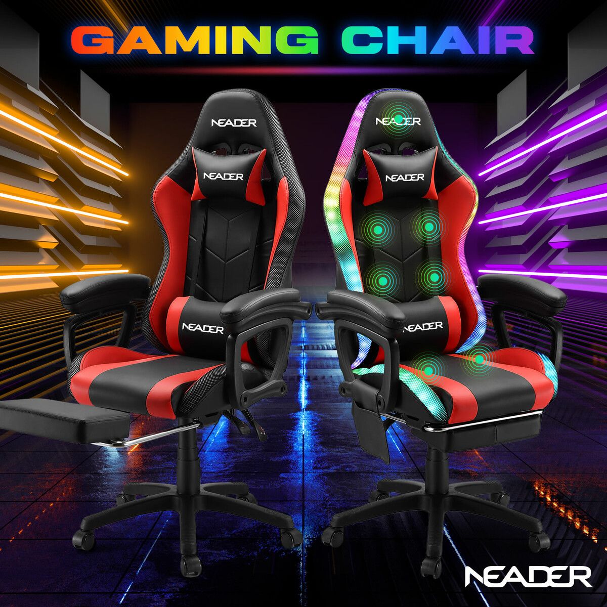 RGB LED Gaming Chair Home Office Massage Computer Racing Desk Executive Armchair High Back Headrest Footrest Lumbar Pillow Seat PU Red