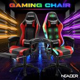 RGB LED Gaming Chair Home Office Massage Computer Racing Desk Executive Armchair High Back Headrest Footrest Lumbar Pillow Seat PU Red