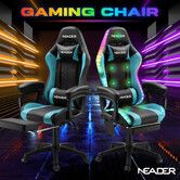 Massage Gaming Chair RGB LED Home Office Computer Racing Desk Executive Armchair High Back Headrest Footrest Lumbar Pillow Seat PU Blue