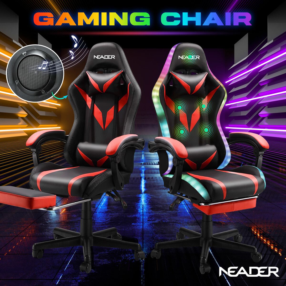 High Back Gaming Chair RGB LED Computer Seat Office Racing Desk Massage Bluetooth Speakers PU Leather Headrest Footrest Work Study Red