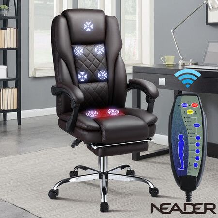 Office Chair Heated Massage Executive Computer Desk PU Leather Work Seat Comfortable Ergonomic Recliner High Back Retractable Footrest Brown