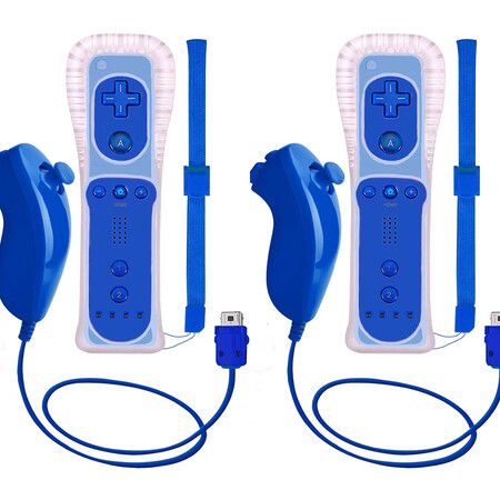 2 Packs Wireless Controller and Nunchuck for Wii and Wii U Console, Gamepad with Silicone Case and Wrist Strap (Blue)