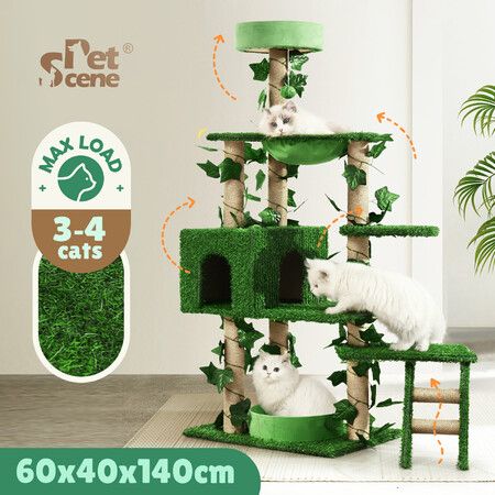 140cm Cat Tree Tower Kitty Sisal Scratching Post Scratcher House Stand Cave Hammock Activity Centre Artificial Grass Condo Furniture Multi Levels