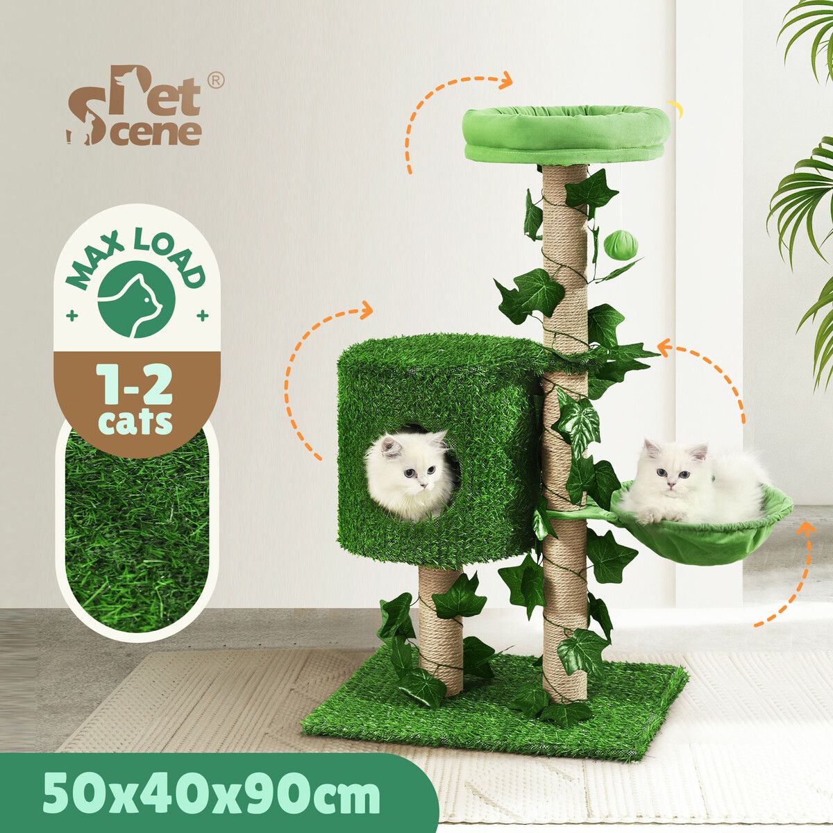 90cm Cat Tree Tower Kitten Sisal Scratching Post House Stand Activity Centre Cave Scratcher Condo Artificial Grass Gym Furniture Hammock Perch