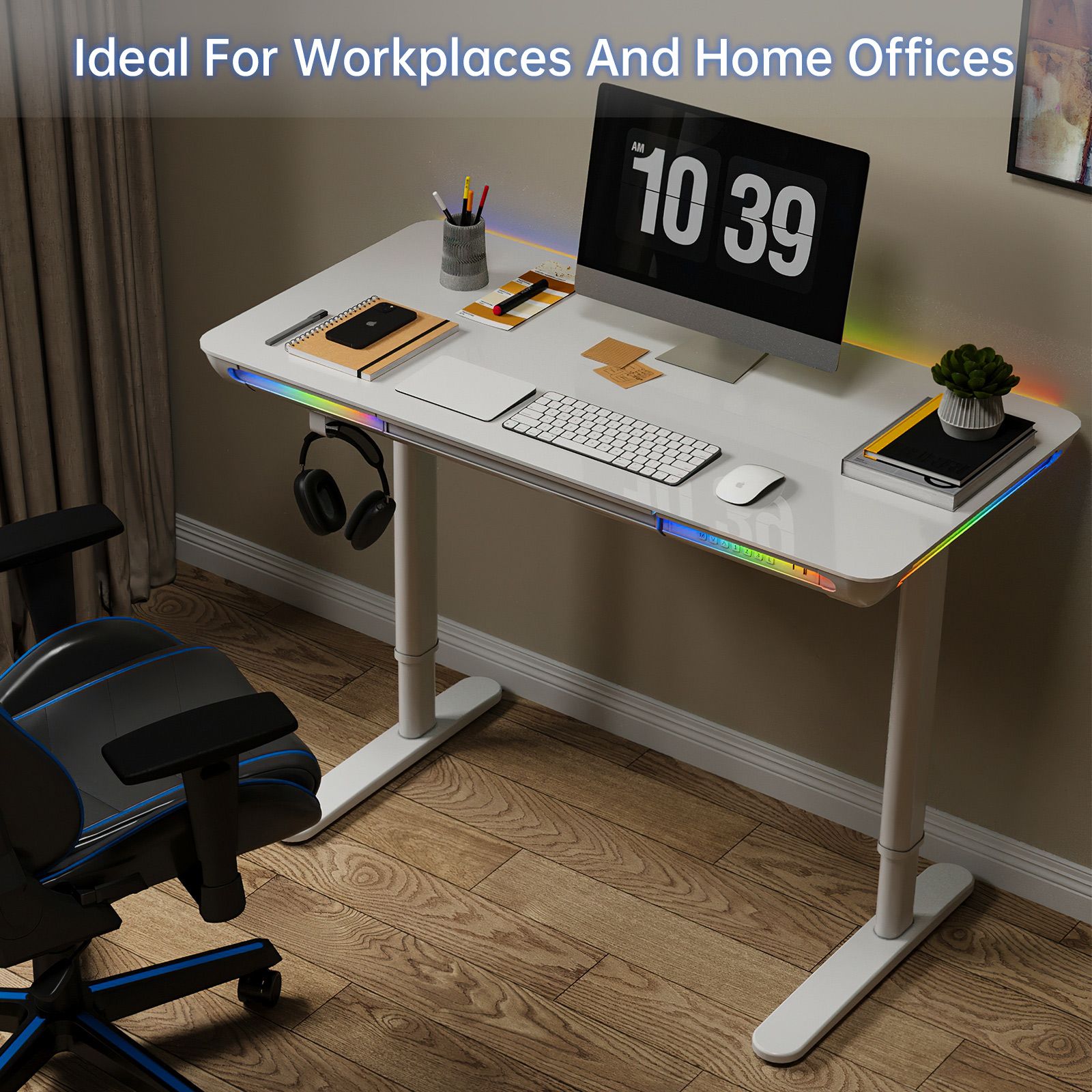 Electric Standing Desk Sit Stand Up Computer Table Height Adjustable Rising Office Workstation Motorised Tempered Glass RGB LED Lights USB White