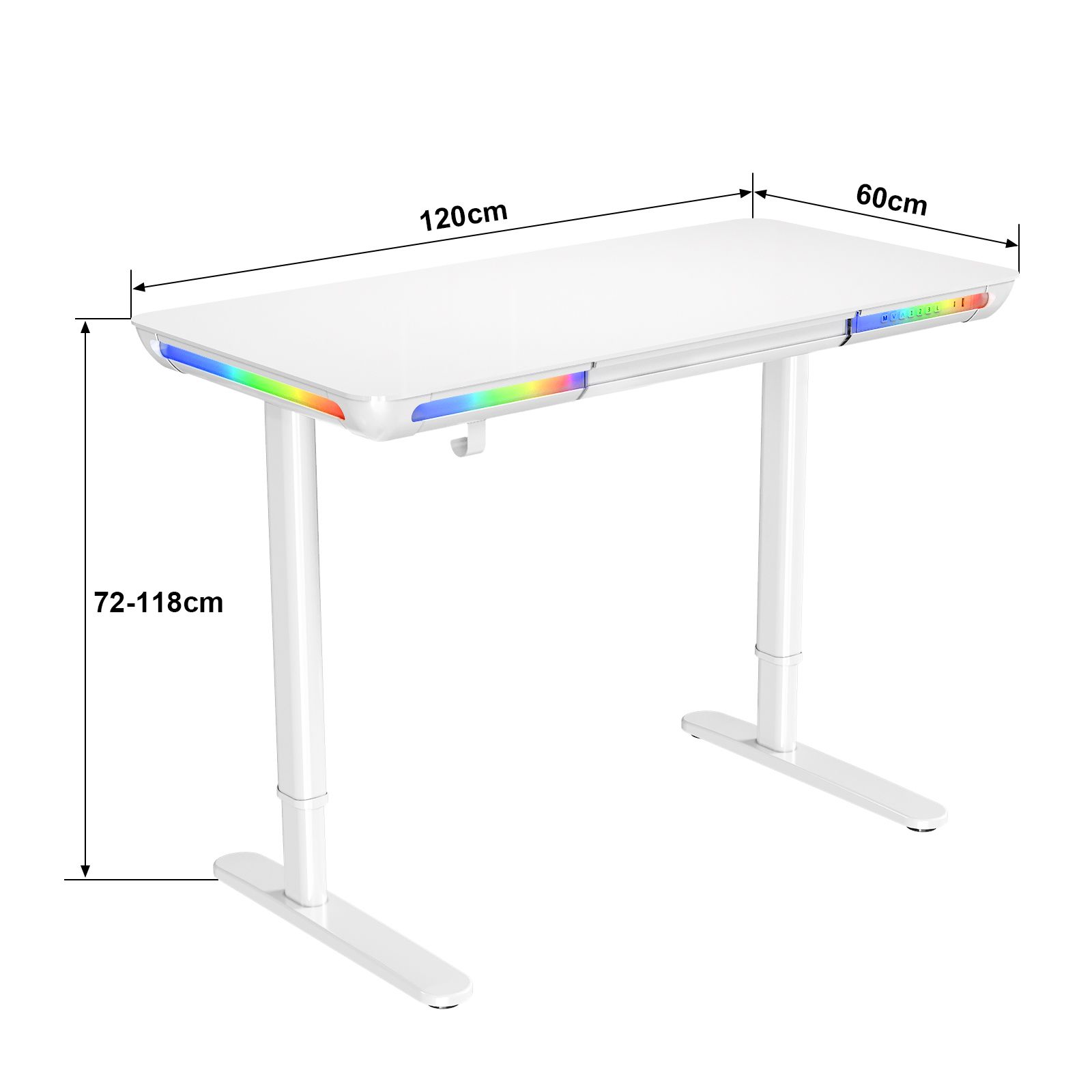 Electric Standing Desk Sit Stand Up Computer Table Height Adjustable Rising Office Workstation Motorised Tempered Glass RGB LED Lights USB White