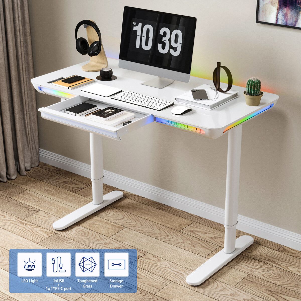 Electric Standing Desk Sit Stand Up Computer Table Height Adjustable Rising Office Workstation Motorised Tempered Glass RGB LED Lights USB White