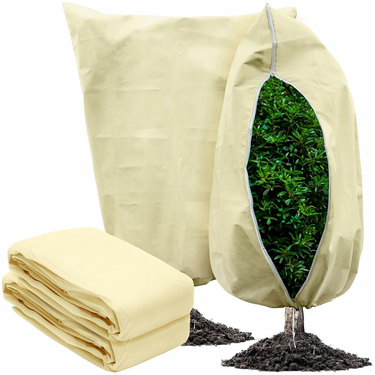 2 Packs Plant Covers Freeze Protection Large 47.7" X 71.7" Tree Covers Frost Cloth Plant Anti-Freeze Shrub Protection Bag with Zipper Drawstring Frost Blankets for Outdoor Plants (Beige)