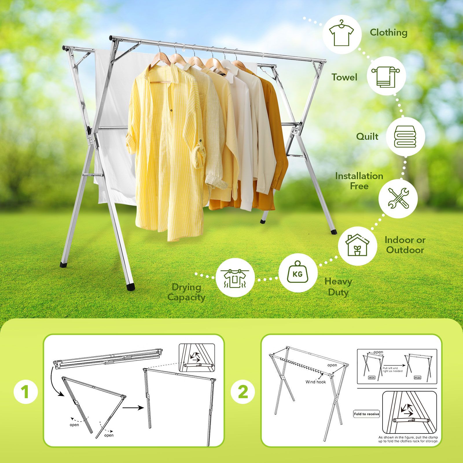Clothes Drying Airer Stainless Steel Garment Rack Laundry Adjustable Foldable Freestanding Outdoor With 20 Hooks