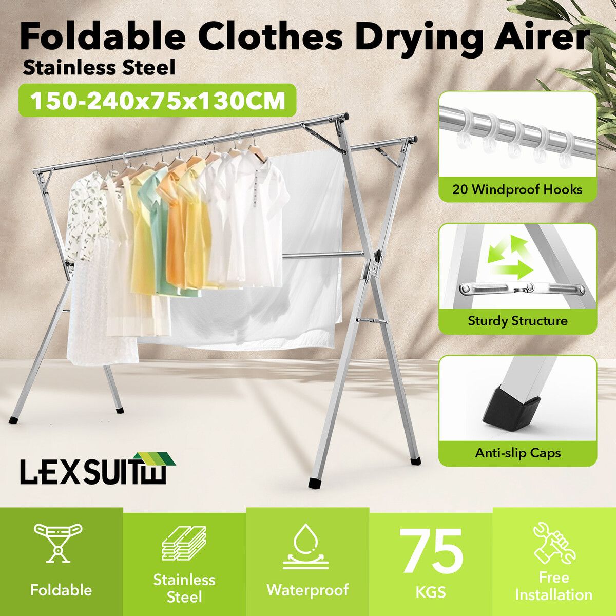 Clothes Drying Airer Stainless Steel Garment Rack Laundry Adjustable Foldable Freestanding Outdoor With 20 Hooks