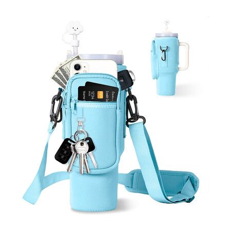 Water Bottle Carrier Bag with Phone Pocket for Stanley 40 or 30 oz Tumbler Neoprene Water Bottle Holder Pouch Blue