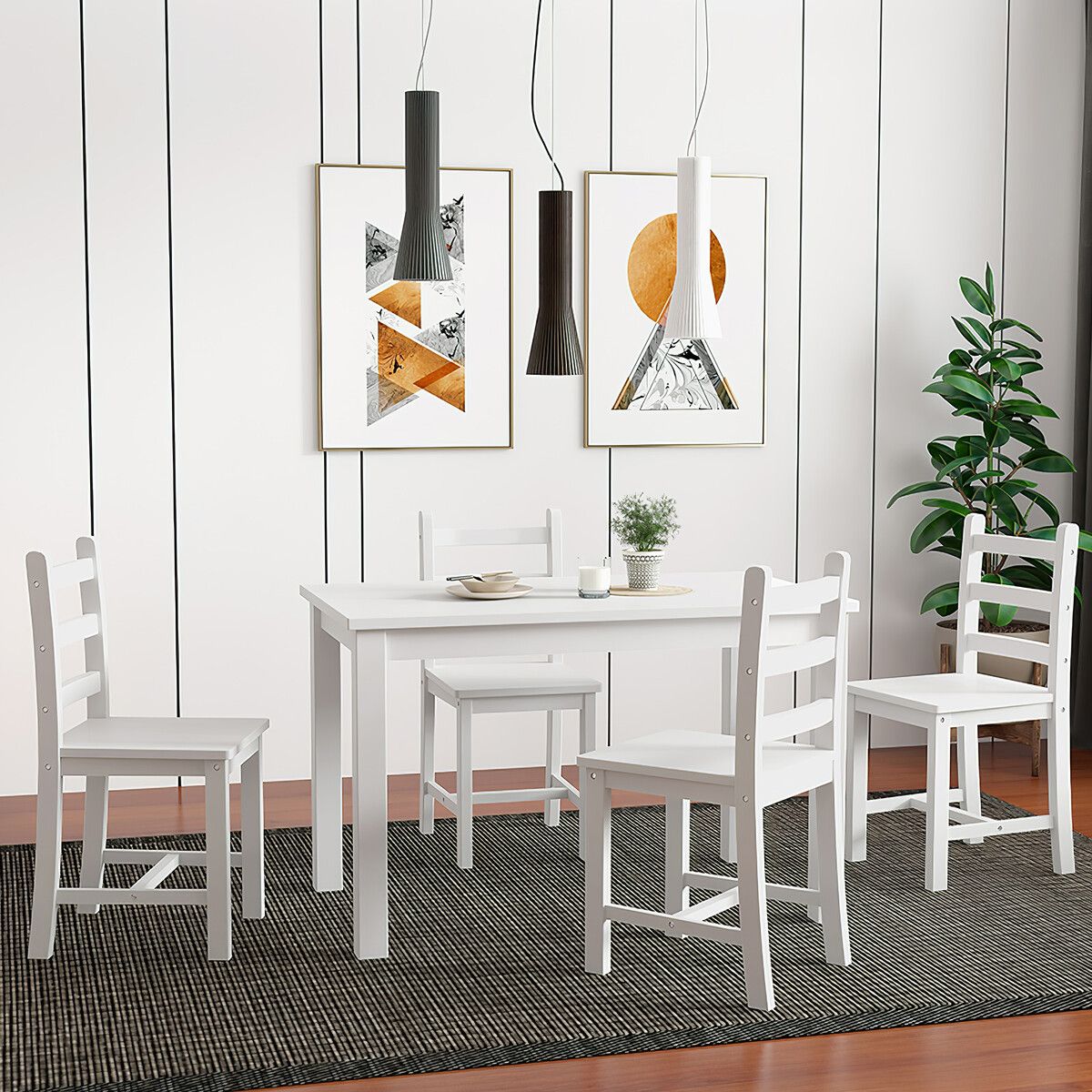 Wooden Table Set Chairs 5 Piece Dining Kitchen Pine Wood Furniture Rectangular White Modern Office Work