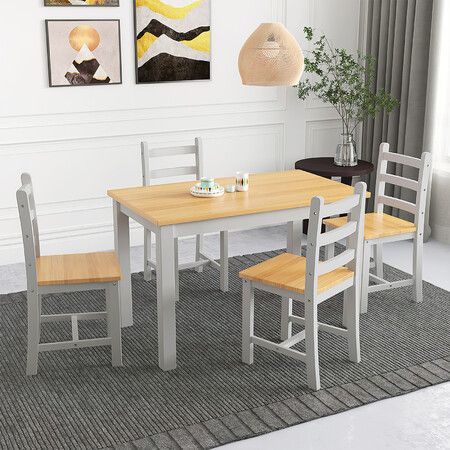 Wooden Table Set Chairs 5 Piece Dining Kitchen Pine Wood Furniture Rectangular Grey Oak Modern Office Work