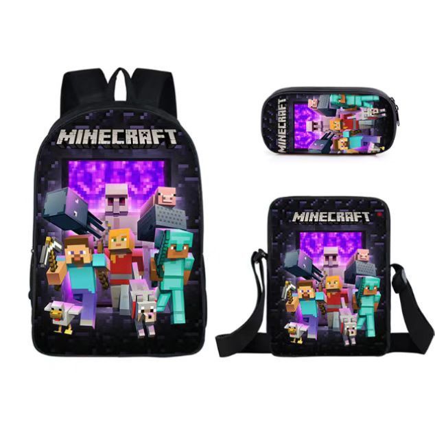 Minecraft School Bag For Primary And Secondary School Students My World Game Peripheral Backpack Three-Piece Set, Backpack+Shoulder Bag+Pencil Case