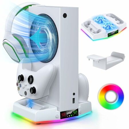 Cooling Fan Stand for Xbox Series S with Charger Station Controller Charging Dock & Console Cooler System with Colorful RGB Light & Headset Hook