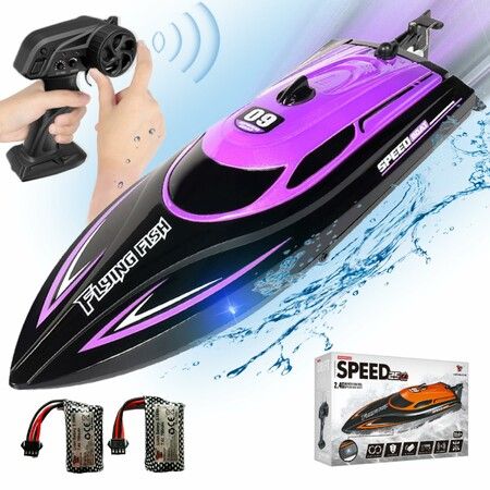 RC Boat with 2 Rechargeable Battery,20+ MPH Fast Remote Control Boat for Pools and Lakes,2.4G RC Boats Pool Toys Age3+ (Purple)