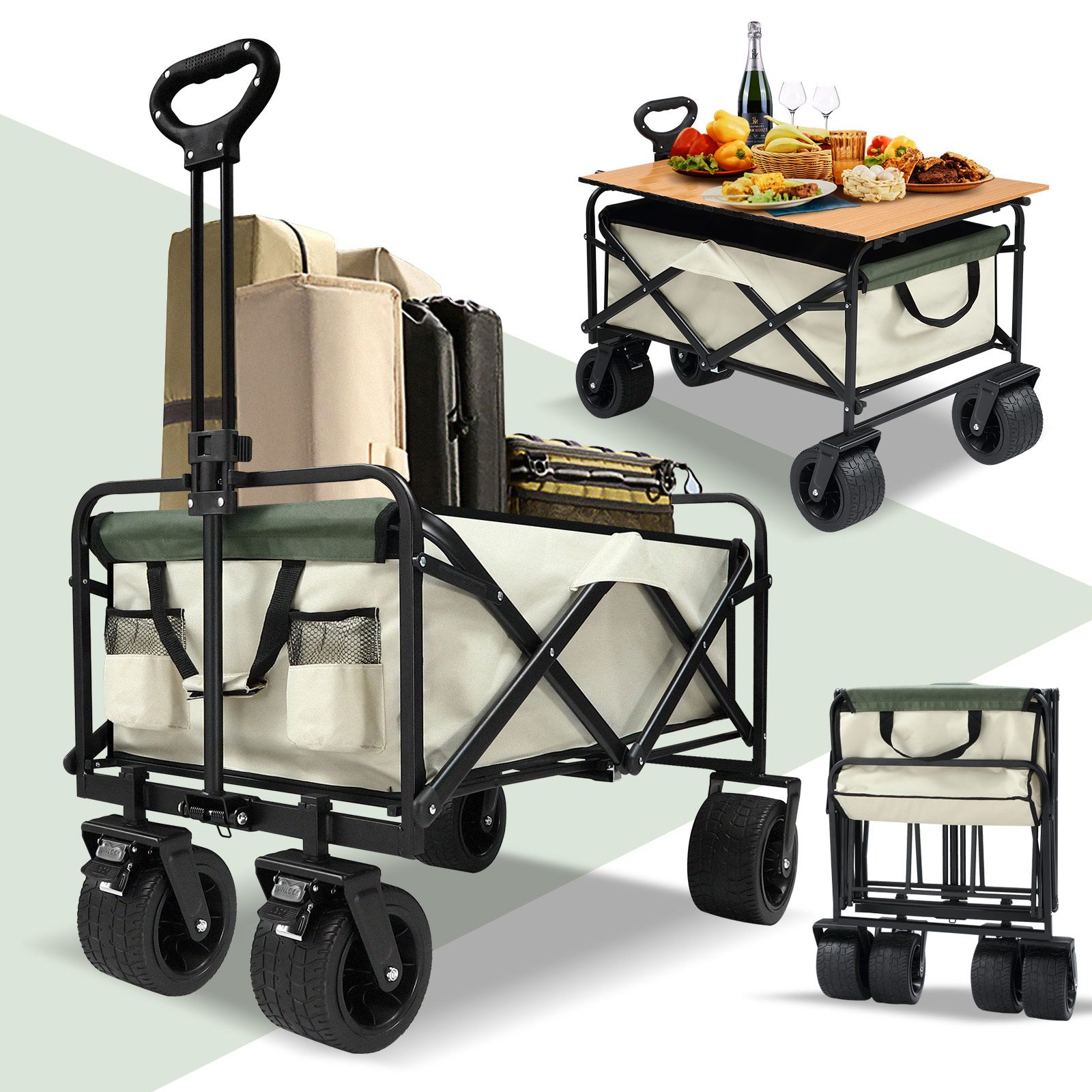 Garden Beach Cart Wagon Foldable Utility Shopping Trolley Trailer Outdoor Picnic Camping Sports Market Barrow Luggage Grocery Collapsible 150kg
