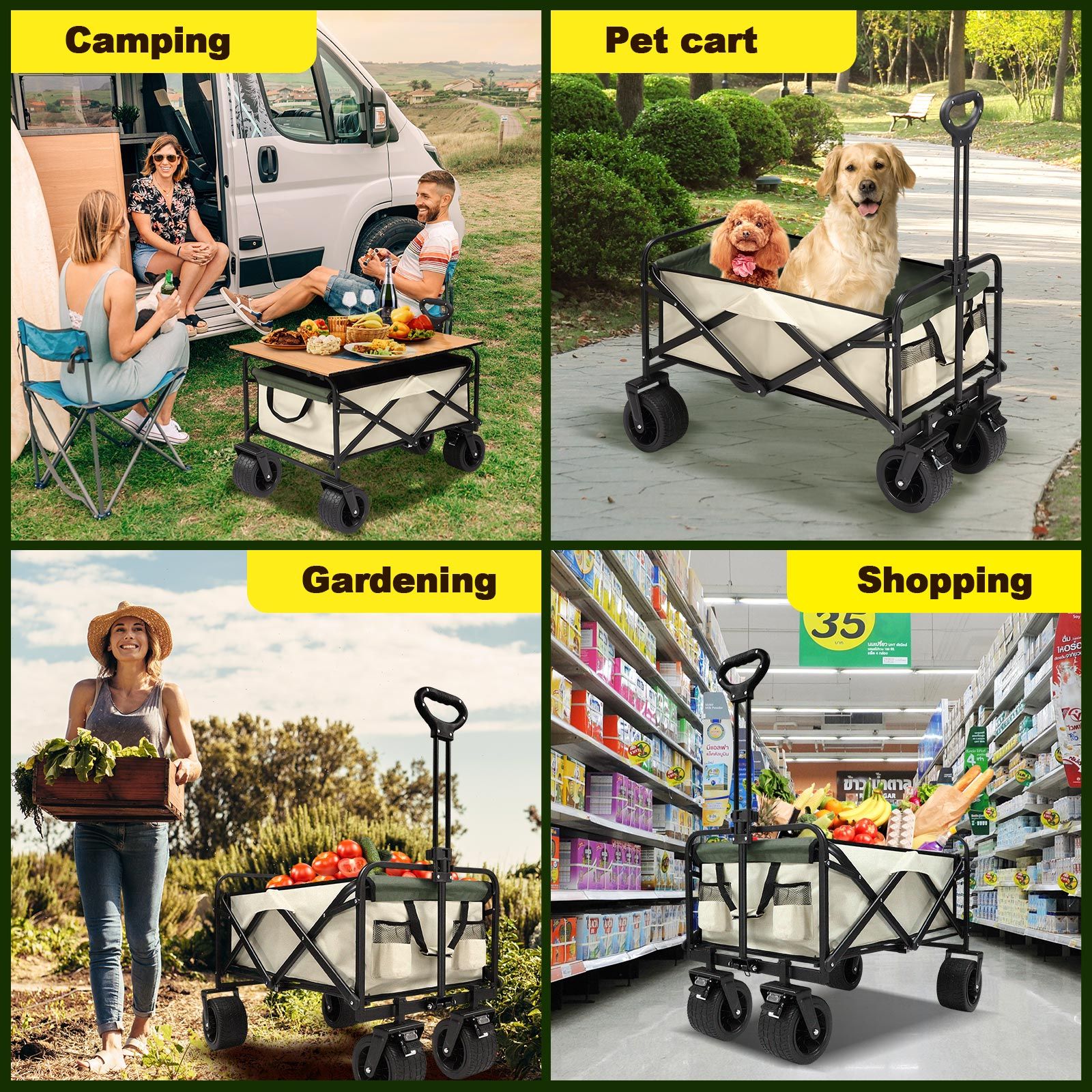 Garden Beach Cart Wagon Foldable Utility Shopping Trolley Trailer Outdoor Picnic Camping Sports Market Barrow Luggage Grocery Collapsible 150kg