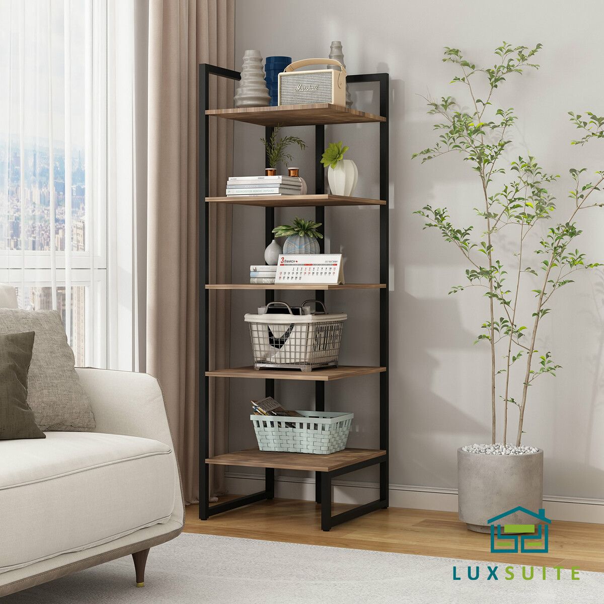 Bookshelf Display 6 Tier Shelf S Shape CD DVD Photo Storage Media Rack Plant Ornament Holder Metal Shelving Room