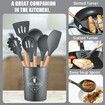 11 Pcs Silicone Cooking Utensils Kitchen Utensil Set Heat Resistant,Spoon, Brush, Whisk, Wooden Handle Black Kitchen Gadgets with Holder for Cookware Color Black