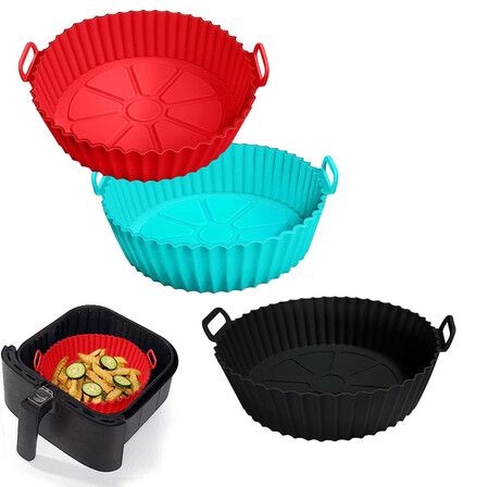 3 Pack, Red+Blue+Black, Air Fryer Silicone Liners Pot for 3 to 5 QT, Replacement of Flammable Parchment Paper, Reusable Baking Tray Oven Accessories