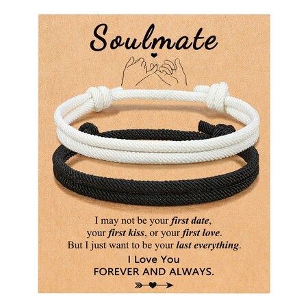 Adjustable Rope Couples Bracelets for Men,Boyfriend,Girlfriend,Soulmate,Husband,Wife - Anniversary Valentines Day Birthday Christmas Gift for Him and Her (Black White/Soulmate)