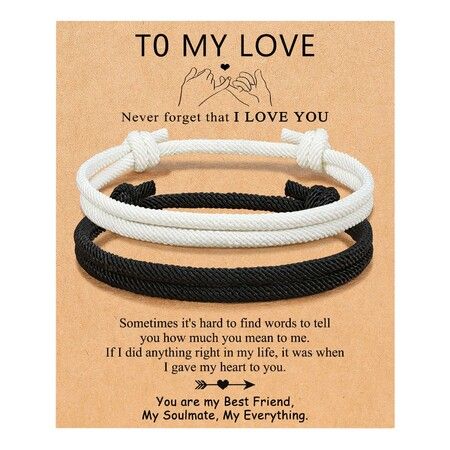Adjustable Rope Couples Bracelets for Men,Boyfriend,Girlfriend,Soulmate,Husband,Wife - Anniversary Valentines Day Birthday Christmas Gift for Him and Her (Black White/To My Love)