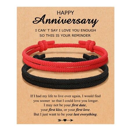 Adjustable Rope Couples Bracelets for Men,Boyfriend,Girlfriend,Soulmate,Husband,Wife - Anniversary Valentines Day Birthday Christmas Gift for Him and Her (Black Red/Anniversary)