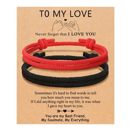 Adjustable Rope Couples Bracelets for Men,Boyfriend,Girlfriend,Soulmate,Husband,Wife - Anniversary Valentines Day Birthday Christmas Gift for Him and Her (Black Red/To My Love)