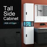 Bathroom Storage Cabinet Shower Medicine Organiser Shelves Display Cupboard Tall Narrow Corner Floor Unit Tallboy Furniture LED Light 2 Doors White