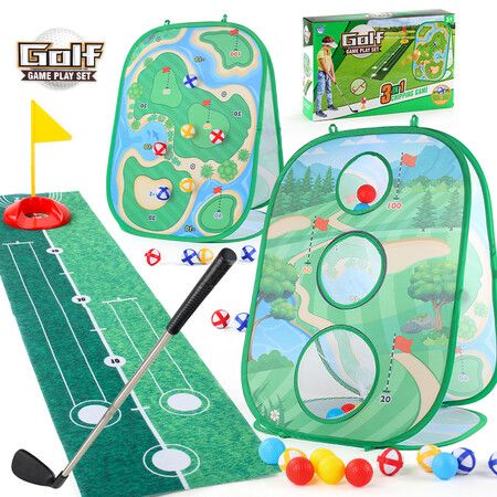 3 in 1 Golf Toys Set for Kids Sandbag Throwing Game with Golf Chipping Board, 12 Golf Ball, 1  Golf Clubs, Indoor Outdoor Birthday Gifts for Girls Boys