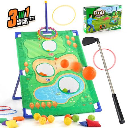 3 in 1 Golf Throwing Game Set for Kids -Golf Game,12 Golf Ball,12 ferrules,6 sandbags,Golf Clubs, Indoor Outdoor Birthday Gifts for Girls Boys