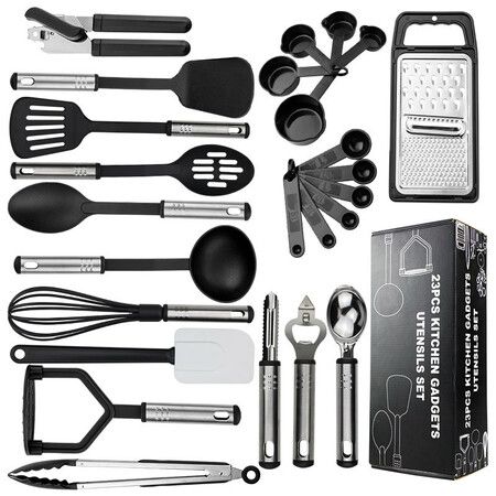 25 PCS Cooking Utensils Set,Nonstick and Heat Resistant Nylon Stainless Steel Silicone Spatula Set,Kitchen Gadgets Home Essentials Kitchen Accessories