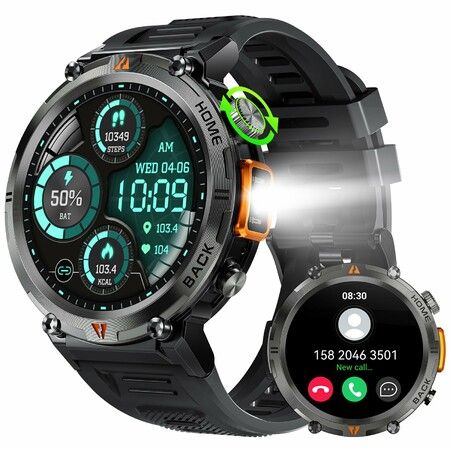 Smart Watch for Men (Call Receive/Dial) with LED Flashlight,1.45" HD Outdoor Tactical Rugged Smartwatch,Sports Fitness Tracker Watch with Sleep Monitor for iPhone Android Phone