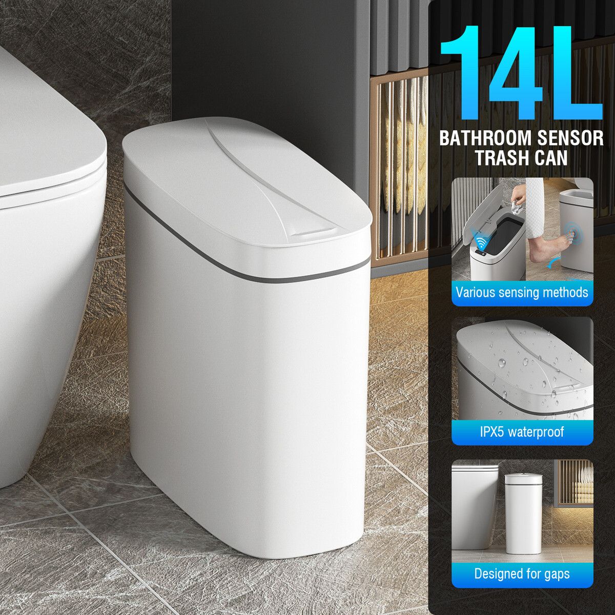 Smart Trash Bin 14L Rubbish Recycling Waste Bin Sensor Automatic Motion Toliet Basket Kitchen Garbage Can White