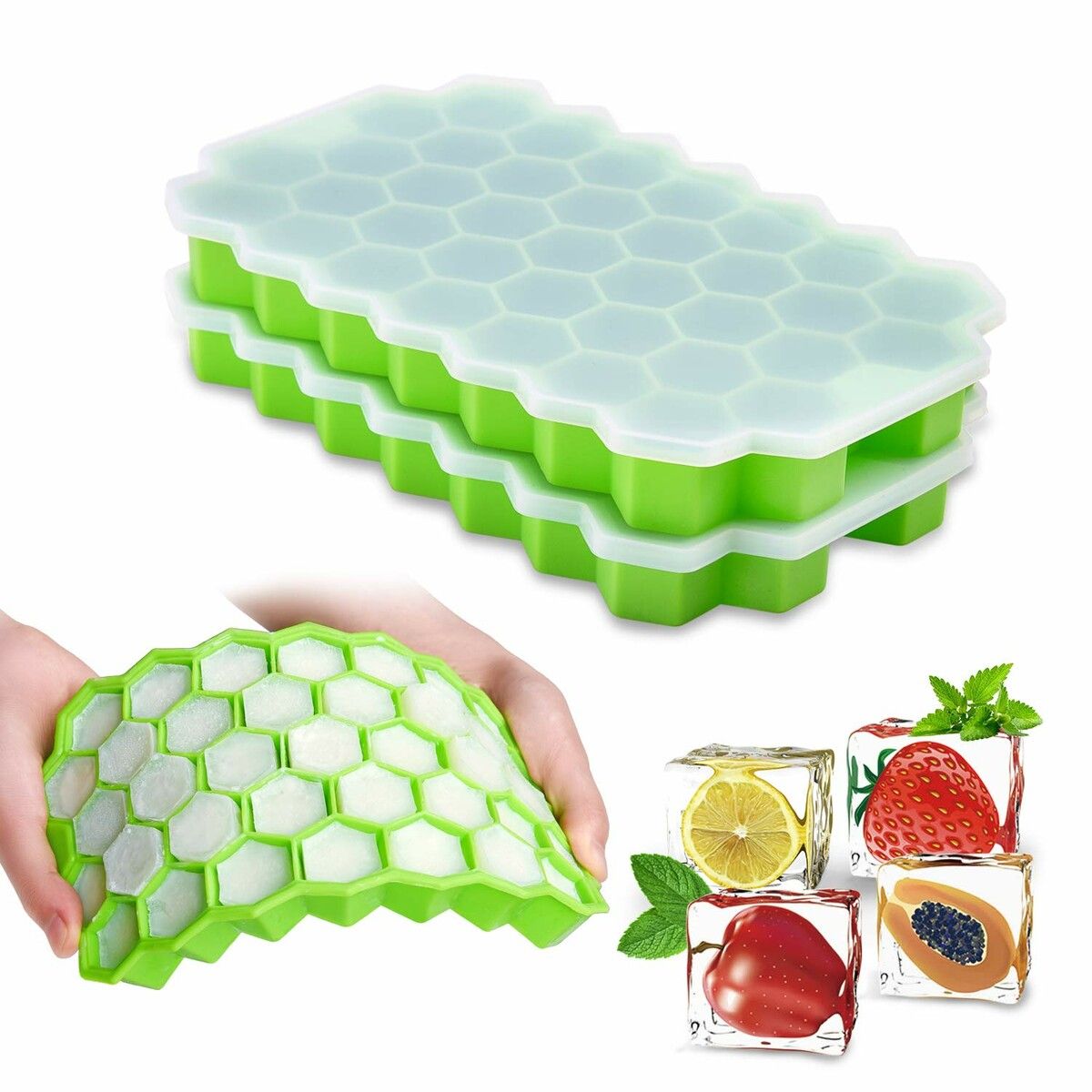 2 PCS Ice Cube Trays with Lids,74 Ice Cubes Silica Gel Flexible and BPA Free with Removable Lid Ice Cube Trays for Chilled Drinks,Whiskey & Cocktails