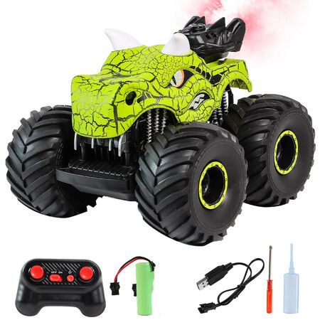 Remote Control Car 360° Rotating with Spray Light & Sound 2.4 GHz All Terrain Monster trucks Toys (Green)