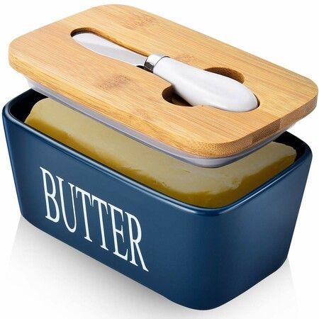 Butter Dish with Lid for Countertop Large Butter Dish Ceramics Butter Keeper Container Silicone Sealing Butter Dishes with Covers Good Kitchen Gift Blue