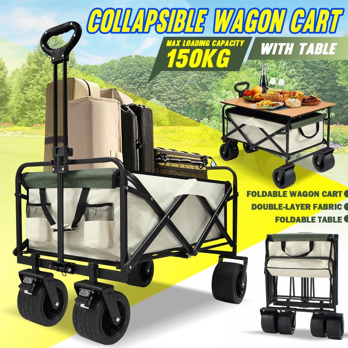 Garden Beach Cart Wagon Foldable Utility Shopping Trolley Trailer Outdoor Picnic Camping Sports Market Barrow Luggage Grocery Collapsible 150kg