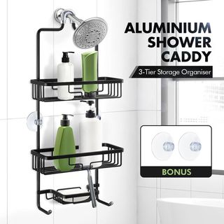 Rebrilliant Shower Caddy Shelf Organizer Rack, Self Adhesive Black Bathroom Shelves Basket, Home Farmhouse Wall Shower Inside Organization and Storage Decor RV AC