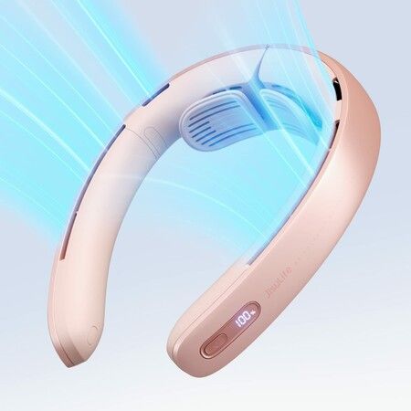 Portable Neck Bladeless Fan LED Display  Stepless Knob 28 Degree Angle Adjustment Rechargeable Personal Fan-Pink