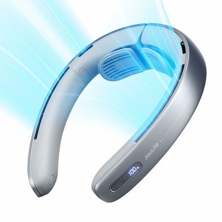 Portable Neck Bladeless Fan LED Display  Stepless Knob 28 Degree Angle Adjustment Rechargeable Personal Fan-Grey