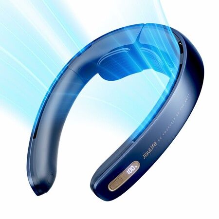 Portable Neck Bladeless Fan LED Display  Stepless Knob 28 Degree Angle Adjustment Rechargeable Personal Fan-Blue