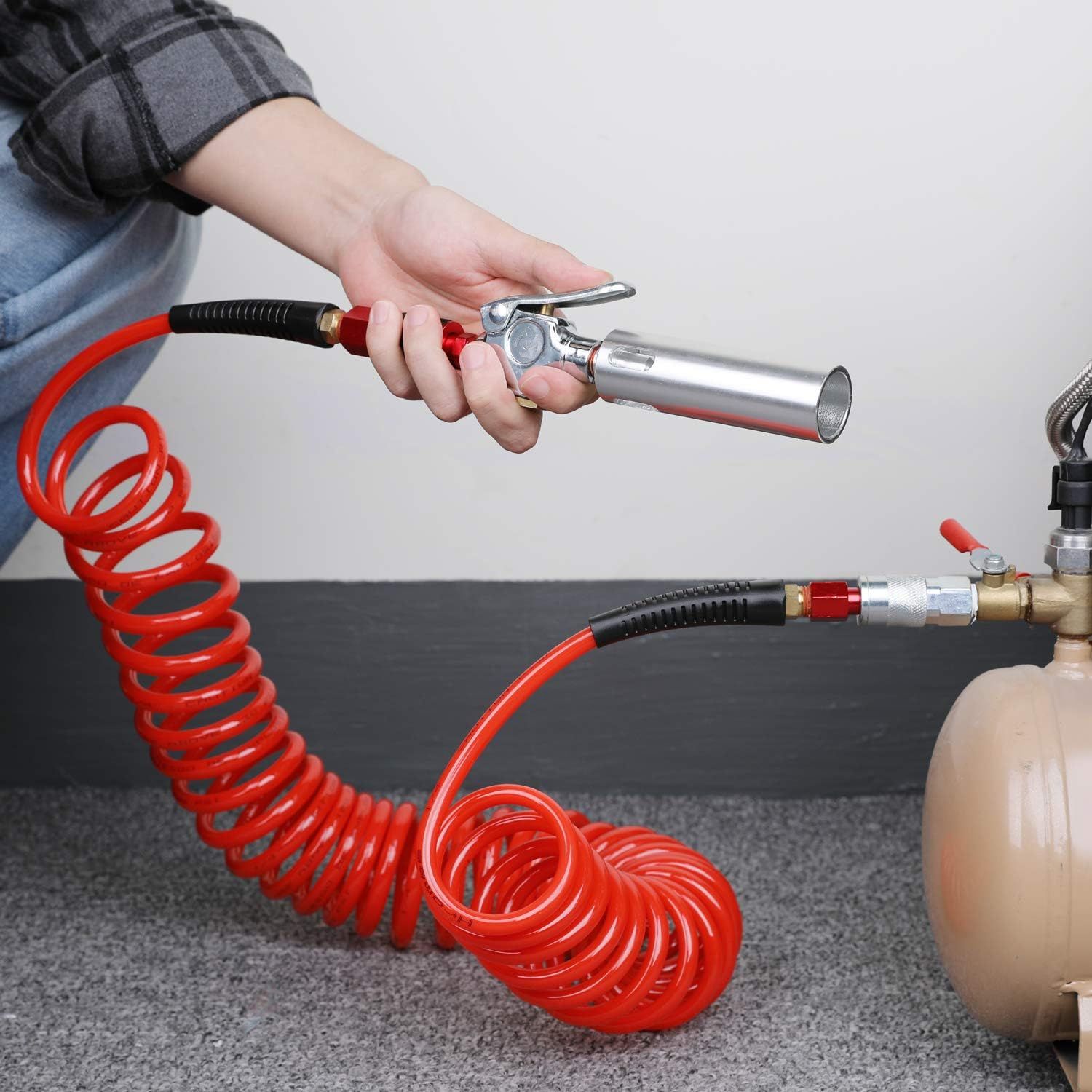 Qolekog 25 Ft Recoil Air Hose – 1/4 Inch ID Polyurethane, With Quick Coupler & Plug, Bend Resistant, Red