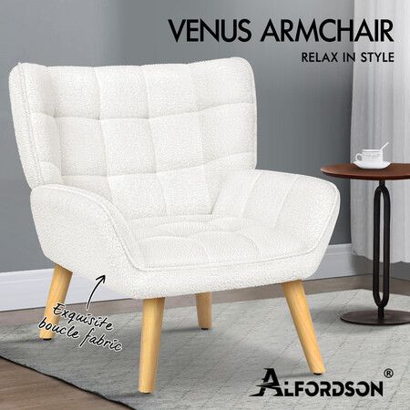 ALFORDSON Wooden Armchair Lounge Accent Chair Sofa Couch Sherpa Boucle White